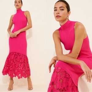 Saylor Rhiannon Maxi Dress Vibrant Pink Sleeveless Dress with Lace Hem